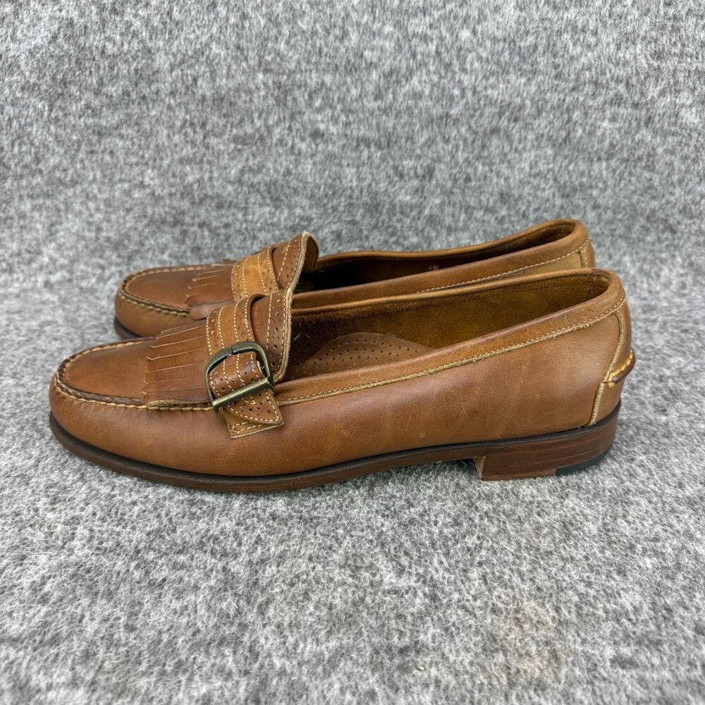 ✅Womens 10N Lands End Brown Leather Moc toe Loafers Fringe Buckle Casual Shoes